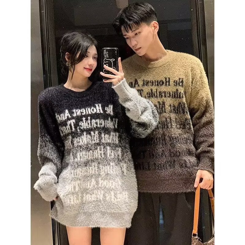 时尚原创渐变字母提花水貂毛毛衣男潮牌慵懒秋冬新款加厚针织外套