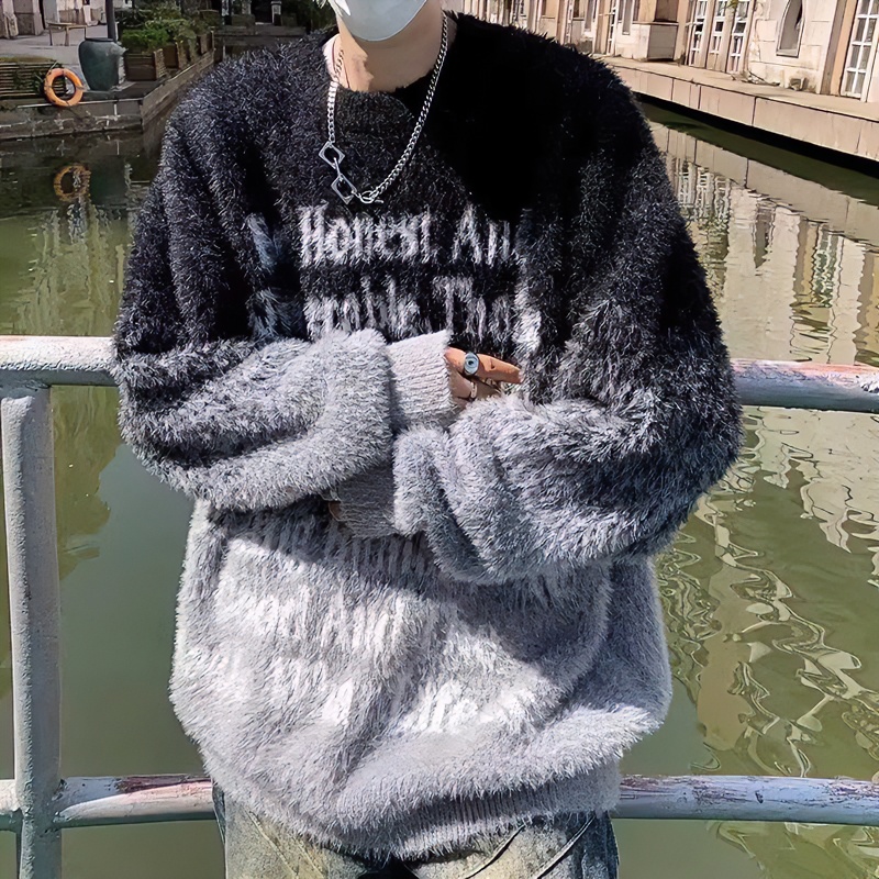 保暖毛设计感渐变字母毛衣男女秋冬季慵懒风宽松软糯情侣针织衫潮