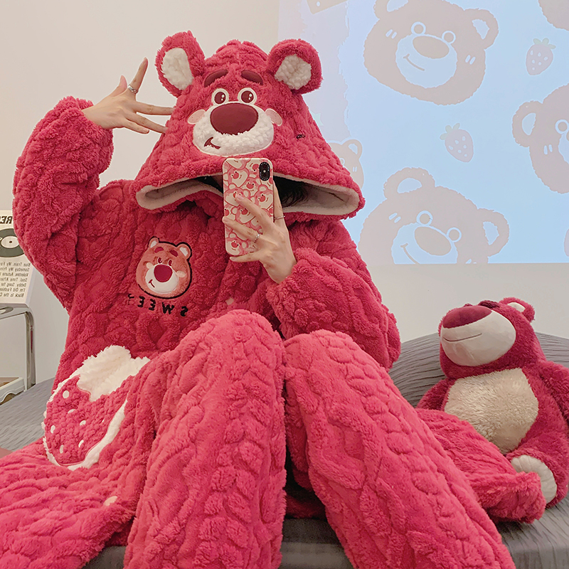 运补『玫红草莓熊』省服夹棉冬季睡袍睡衣珊瑚绒加绒加厚保暖家居服