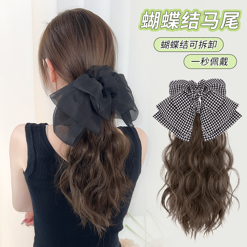 甜美蝴蝶结假发抓夹式马尾自然蓬松卷发女短发懒人气质黑色女孩