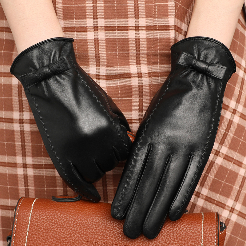 YS新款女士优雅加厚保暖头层羊皮可触屏使用可爱蝴蝶结真皮手套