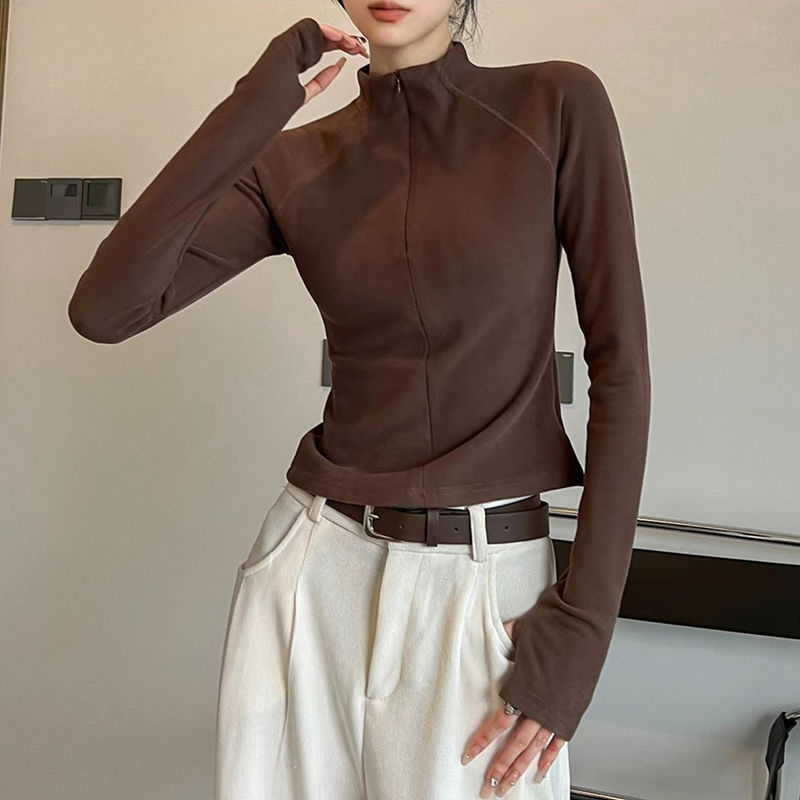 秋冬德绒打底衫女新款内搭白色修身拉链加绒长袖立领美拉德上衣