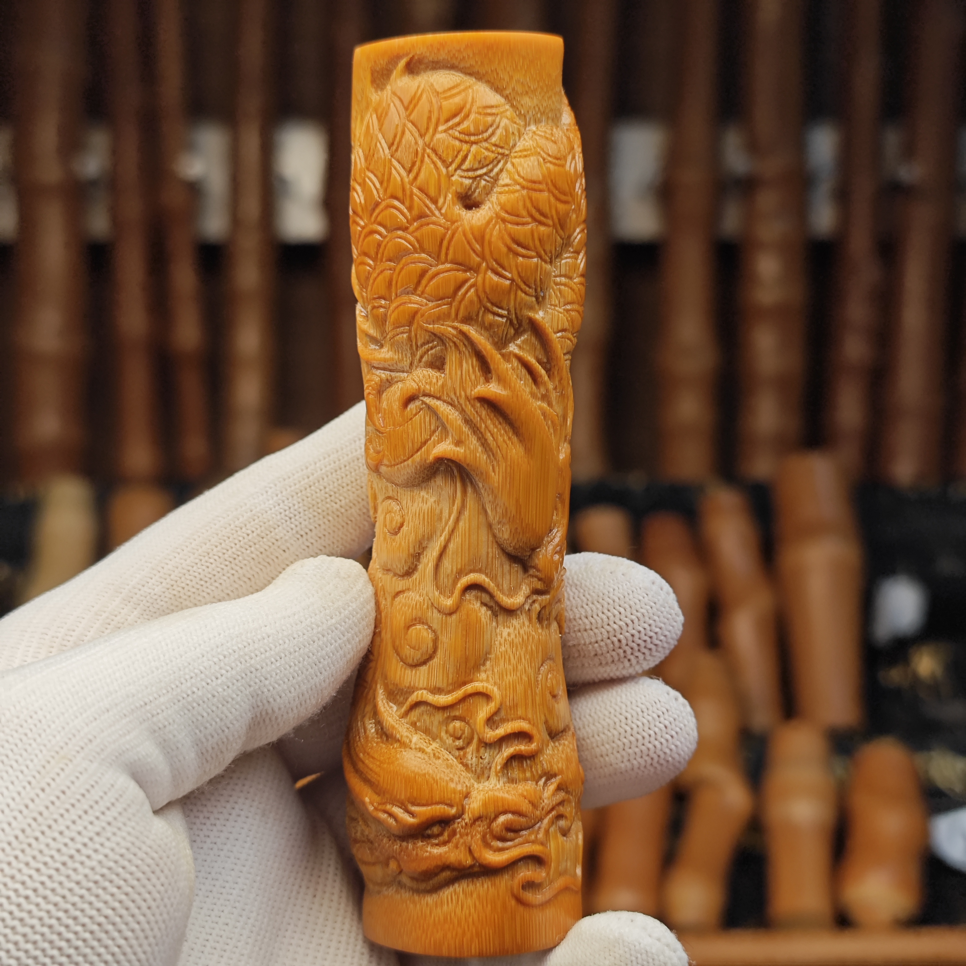 （双龙戏珠）纯手工雕刻实心玉竹手把件竹雕文玩收藏竹子竹制品竹根