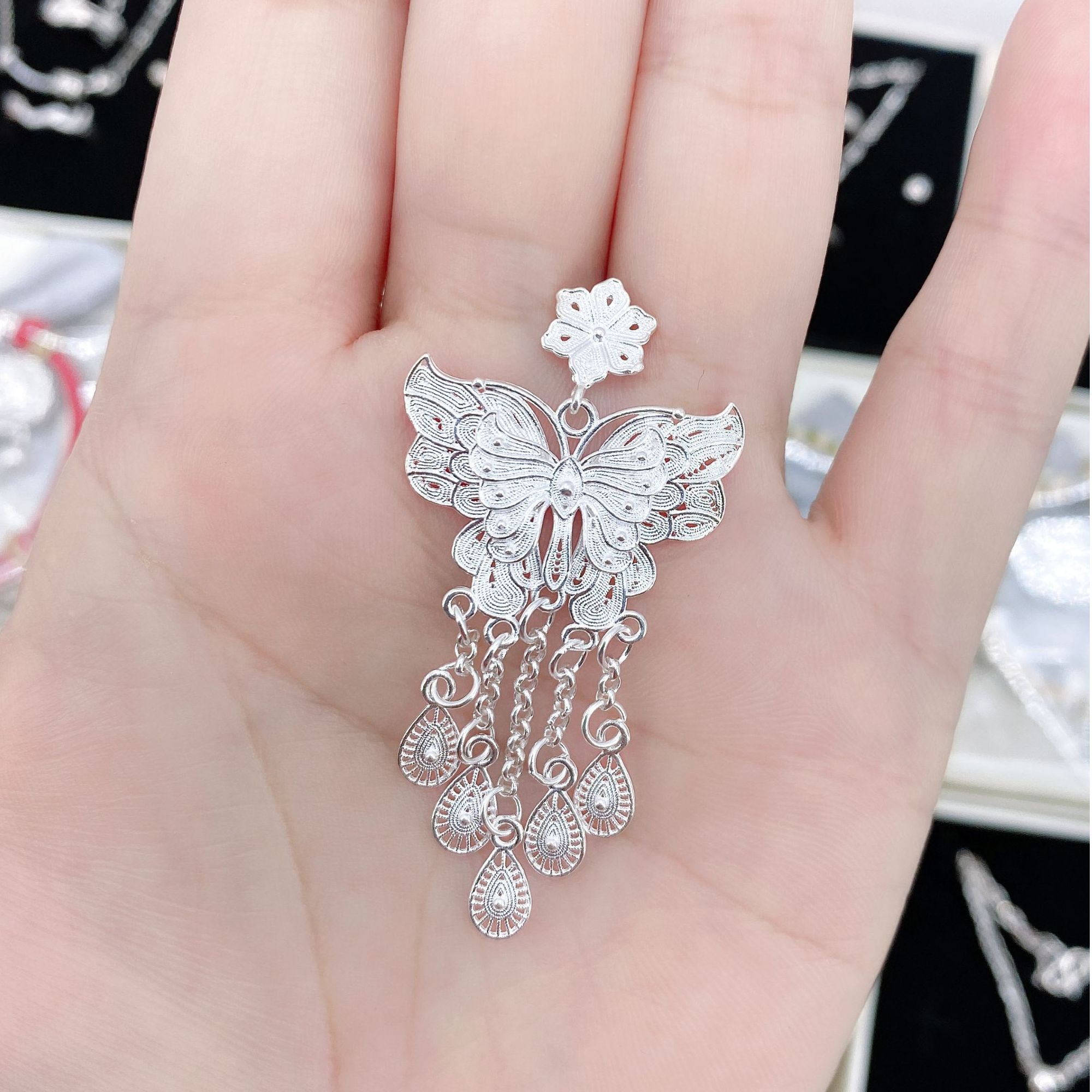 吊坠足银 足银990古风蝴蝶流苏坠  蝶恋花甜蜜吊坠重工精美吊坠