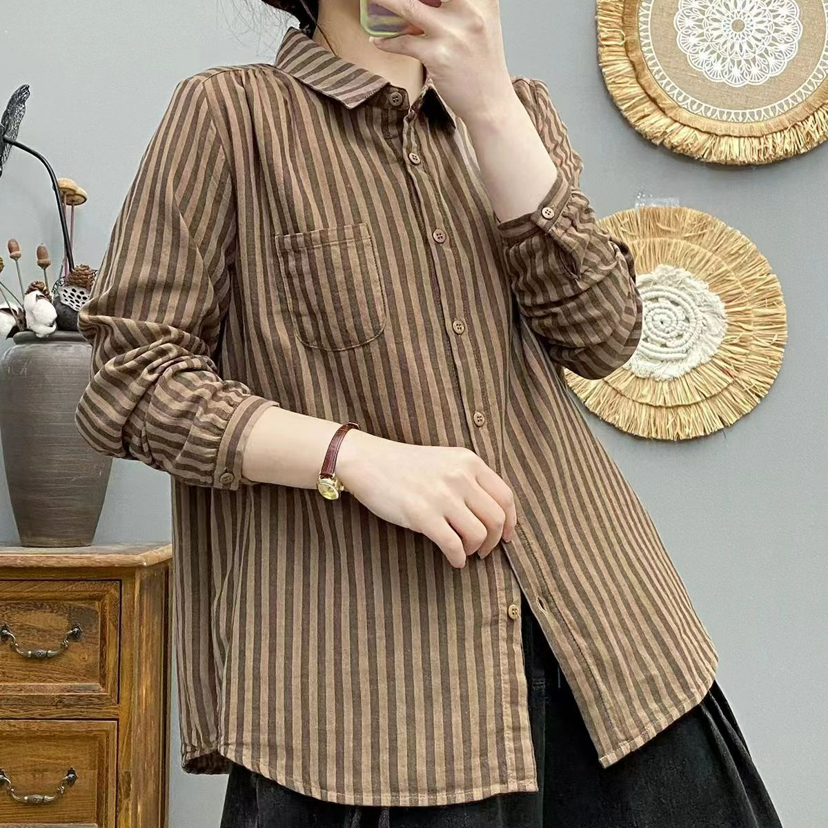 春季新款文艺风细条双层棉纱婴儿棉竖条纹 衬衫显瘦长袖大码百搭