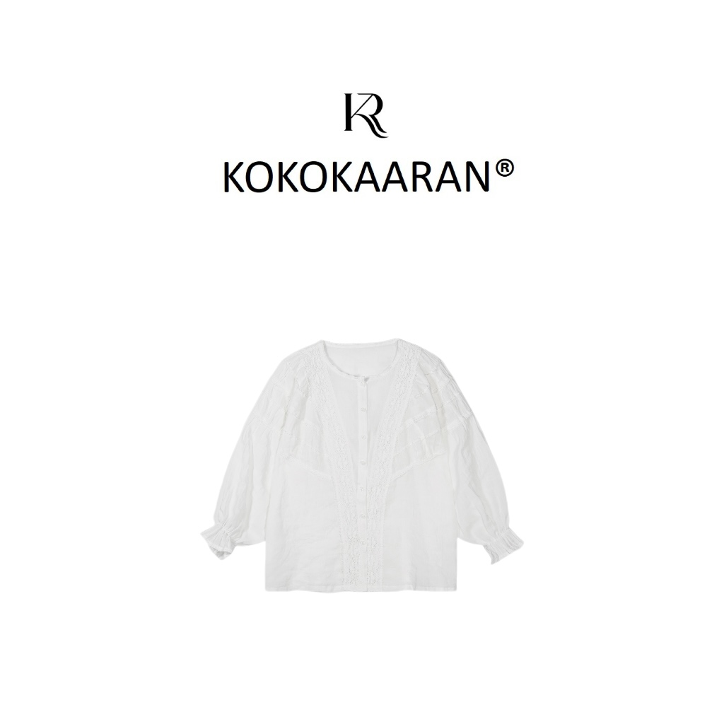 kokokaaran/可可咔伦棉麻镂空设计感花边宽松长袖圆领衬衣SH24360