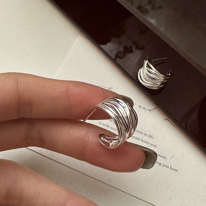 925银耳饰 氛围感配饰多线条简约文艺弧形耳钉-手工绕线耳钉0209