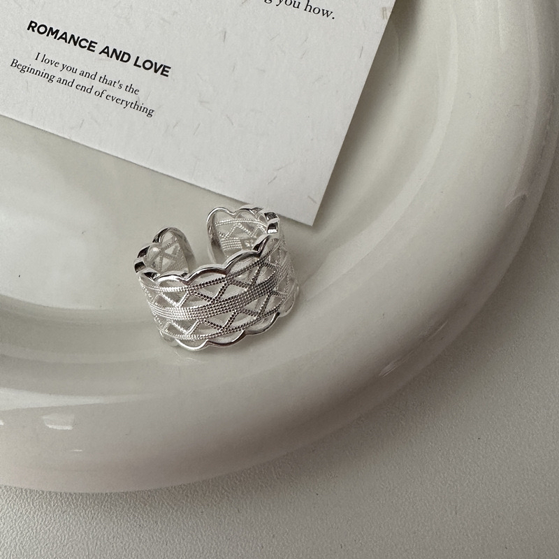 925银戒指 法式优雅气质小众设计宽面纹理-蕾丝镂空戒指0005