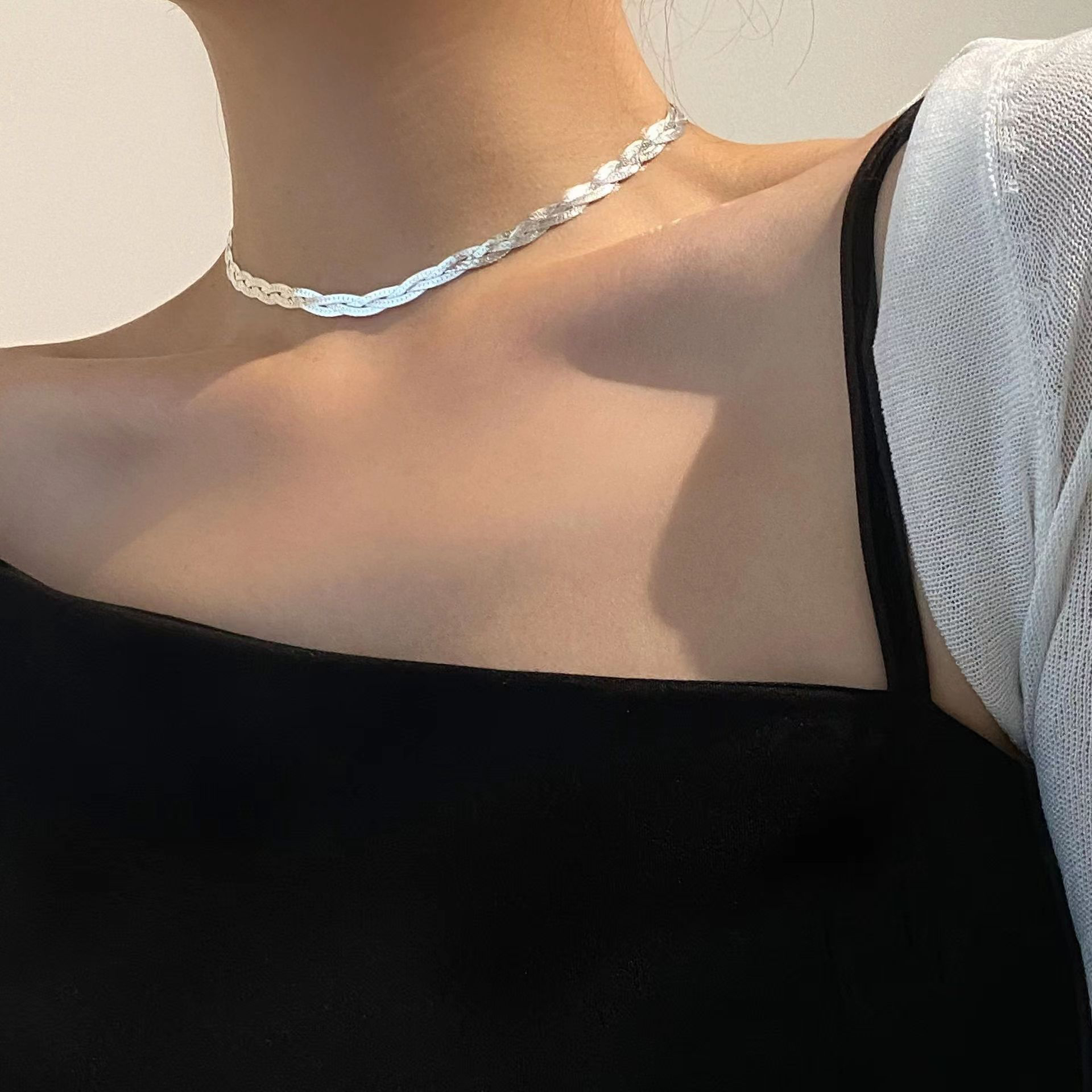 链子925银 项链轻奢意大利进口缠绕裸链亮银-三层编织链条0358