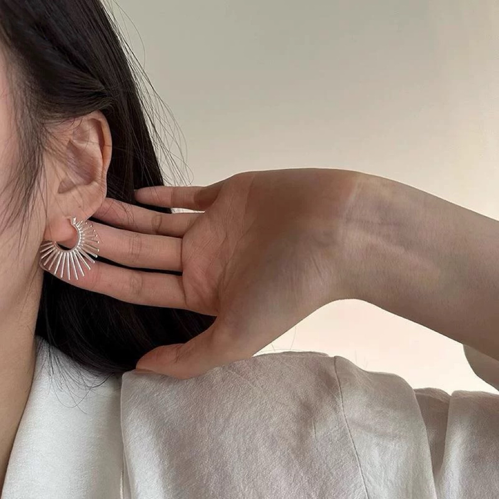 925银耳饰 复古小众时尚个性几何光芒扇形耳环-太阳花耳扣0172