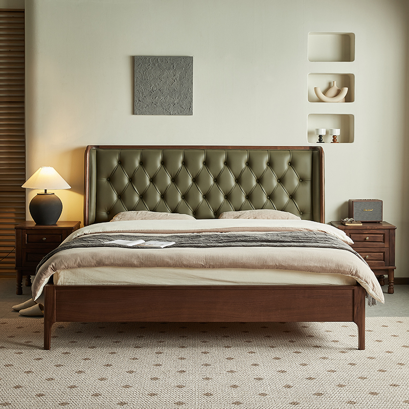 北美黑胡桃木实木床轻奢简约北欧日式家用主卧室真皮软靠双人大床