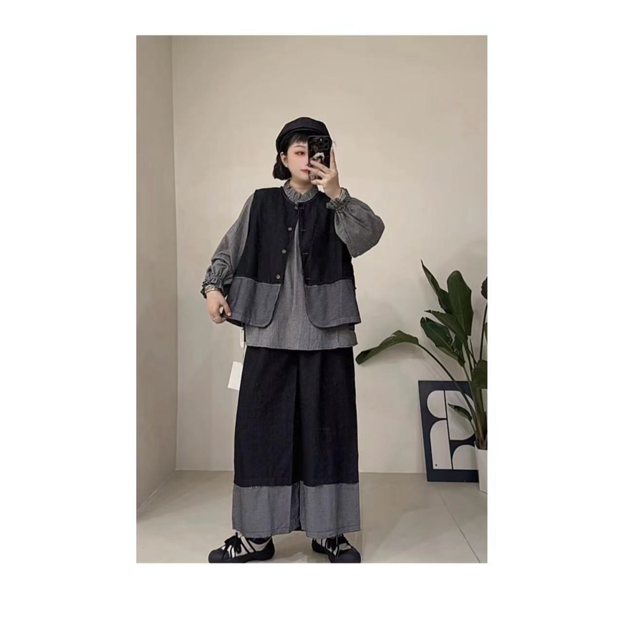 【拼色马甲】复古拼色毛边牛仔马甲824353