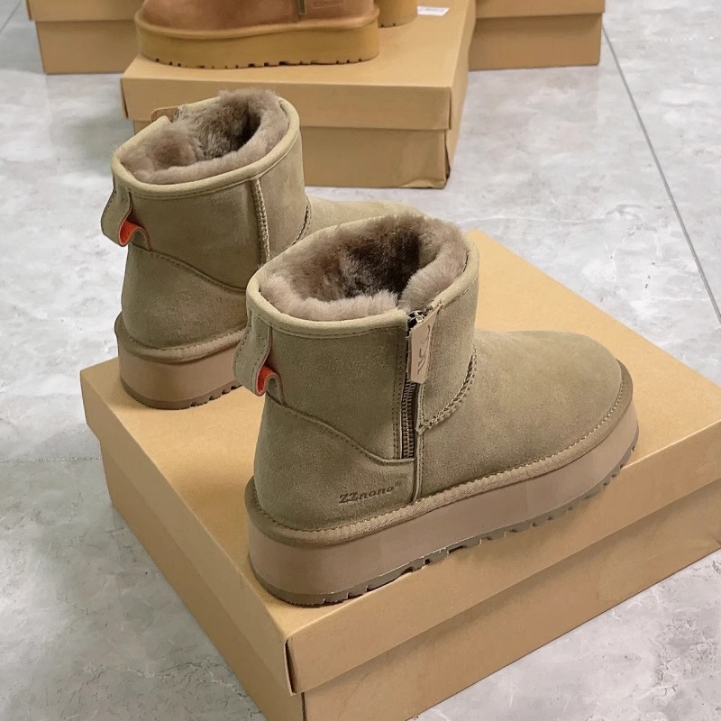 毛毛雪地靴皮毛一体2023新款侧拉链短筒靴加绒加厚东北棉鞋