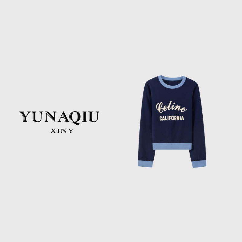 YUNAQIU 长袖短款时尚休闲百搭印花设计师圆领-8762