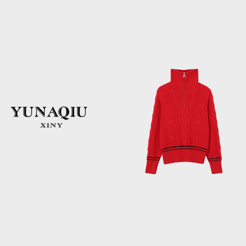 晓晓-3022秋冬高领拉链设计感百搭毛衣时尚羊毛红色长袖针织衫