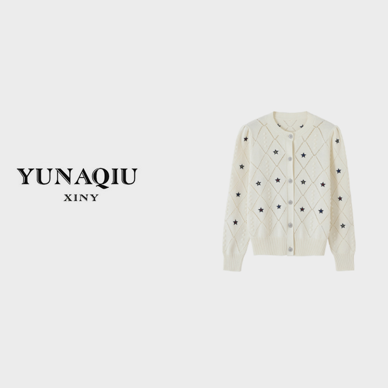 YUNAQIU女士幸运星长袖立体刺绣针织开衫气质上衣-8816