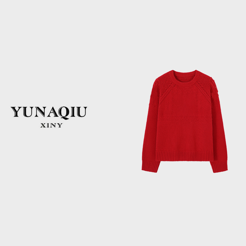 YUNAQIU时尚圆领红色秋冬百搭毛衣长袖宽松羊毛套头针织衫-3041