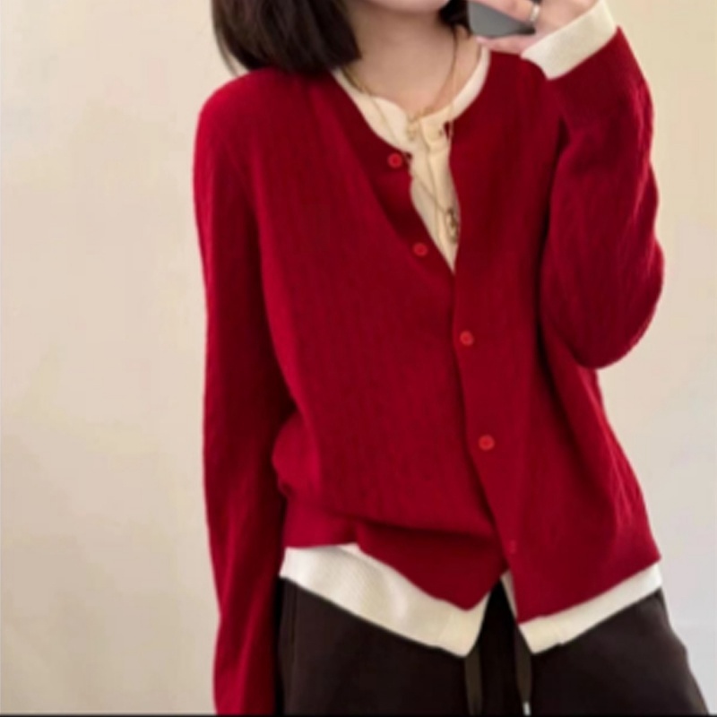 晓晓-秋冬叠穿假两件100%纯羊毛圆领针织开衫显瘦减龄上衣-8728