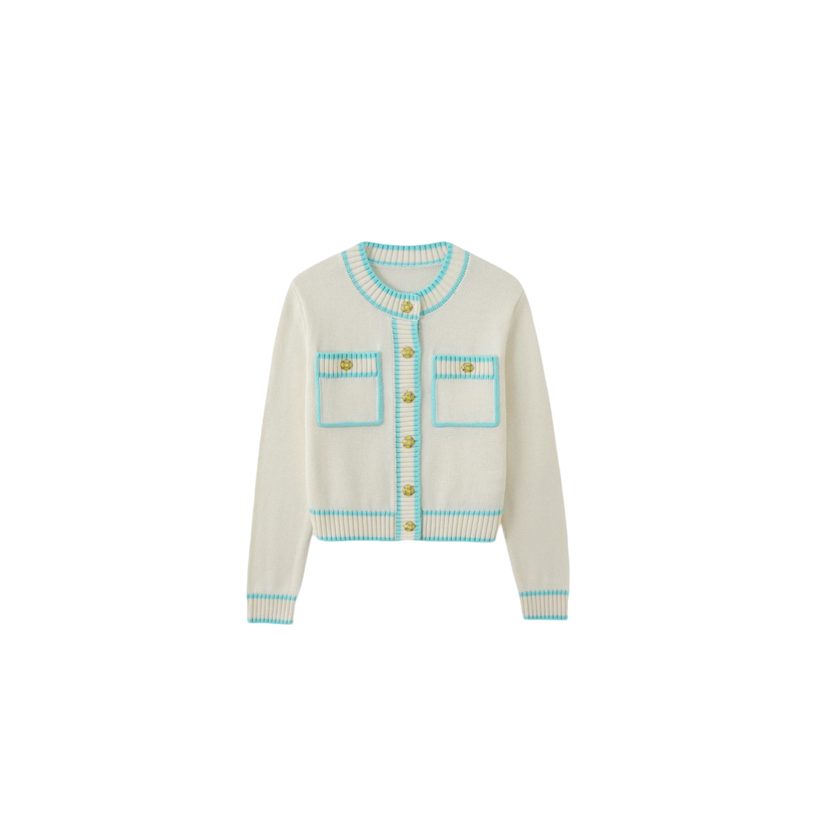 BAOFAHU小香绿色拼接双口袋金属扣圆领毛衣外套-8694