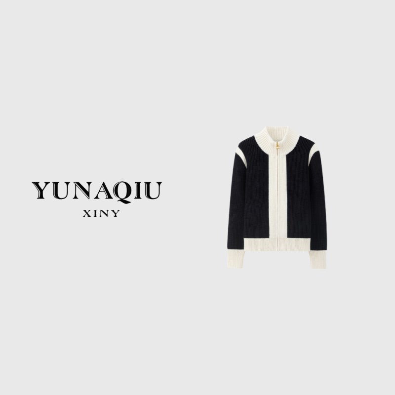 YUNAQIU 针织时尚女士设计师秋冬拼接撞色毛衣外套-8608