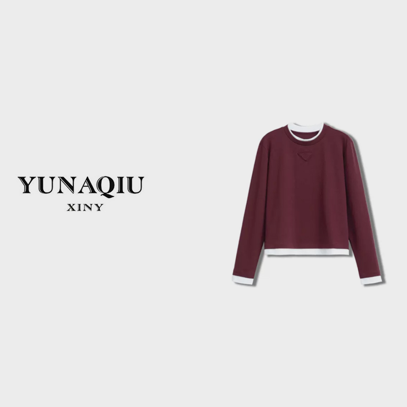 YUNAQIU气质设计师宽松圆领长袖休闲时尚百搭T恤-8459