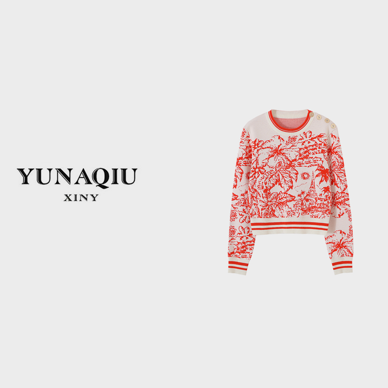 YUNAQIU休闲时尚圆领设计师套头长袖针织衫-8249