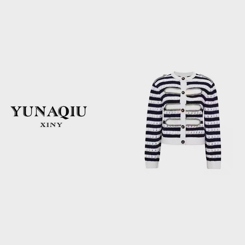 YUNAQIU 重工百搭复古条纹针织衫女海军风长袖上衣外套-917