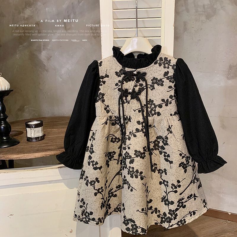 女童新中式连衣裙秋冬新款儿童古风加绒裙子女孩假两件国风连衣裙