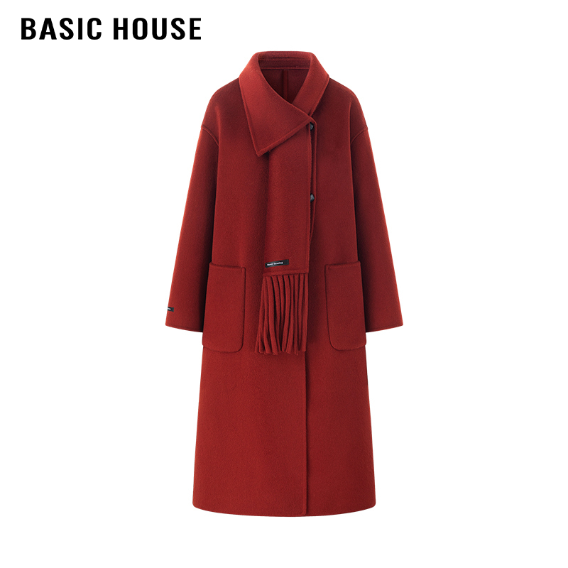 百家好/Basic House气质翻领设计感围巾款毛呢大衣女长款呢子外套