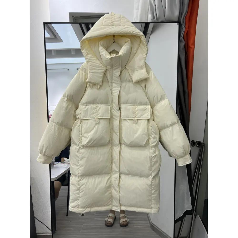 拉克鸭2023年韩版反季新款羽绒服女中长款连帽白鸭绒过膝加厚宽松