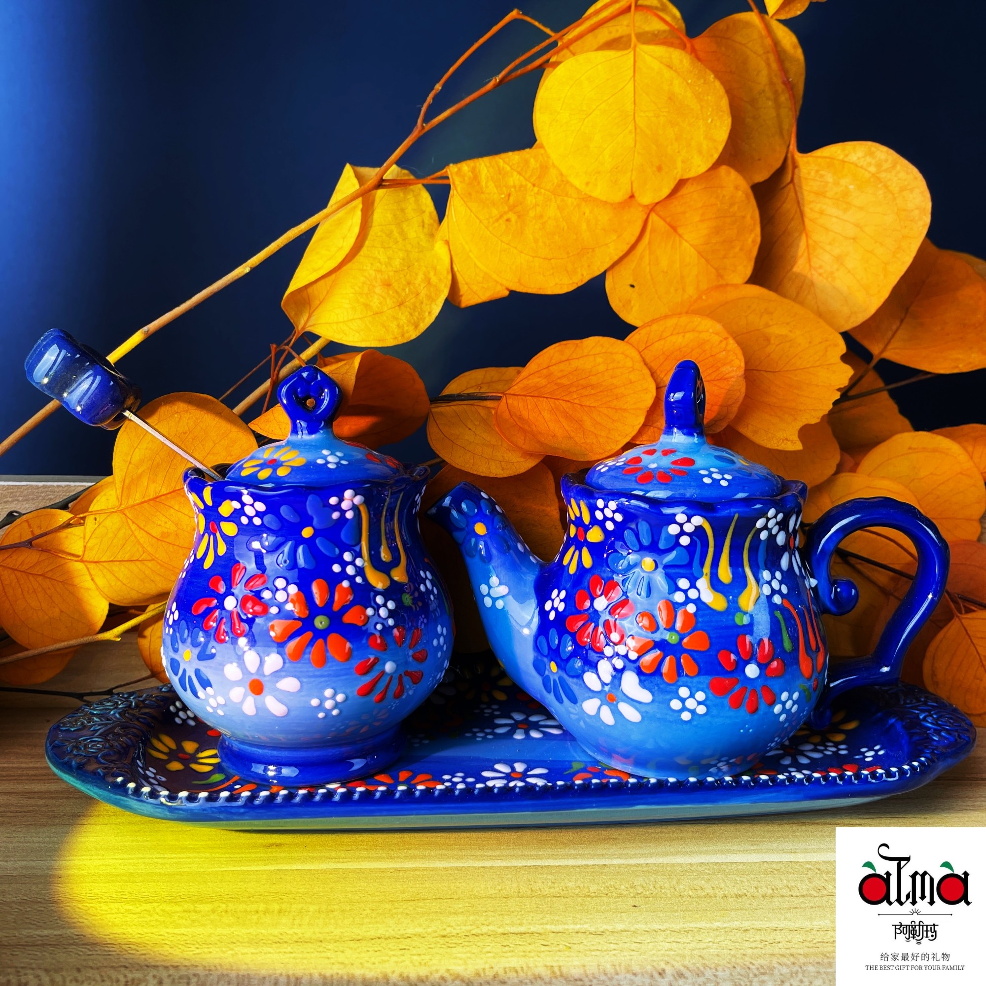 阿勒玛 新疆包邮【蓝贵夫人】手绘调料罐套3装醋罐辣子罐轻奢欧式