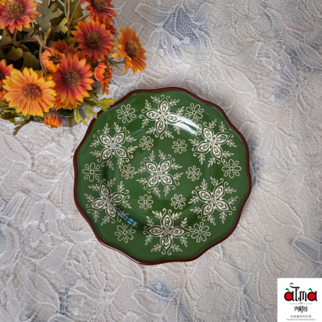 阿勒玛 新疆包邮【常青藤】家用手绘9寸荷口圆盘加厚防烫轻奢餐盘
