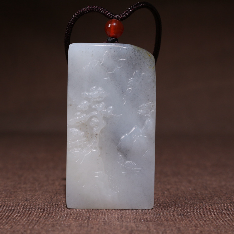 新疆和田玉青花山水牌子 黑白分明挂件意境平安牌子