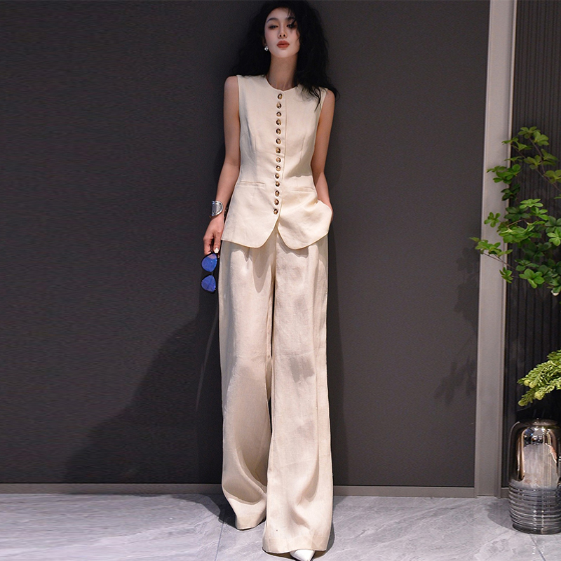 高端麻料亚麻马甲套装女设计感时尚名媛气质西装马夹阔腿裤两件套
