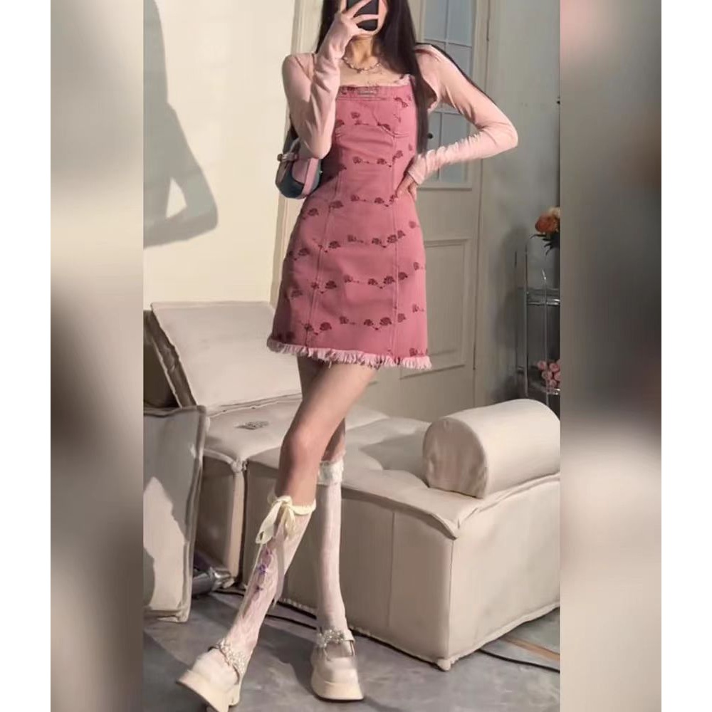 法式复古辣妹短袖吊带碎花连衣裙女收腰纯欲风A字显瘦短裙子夏季