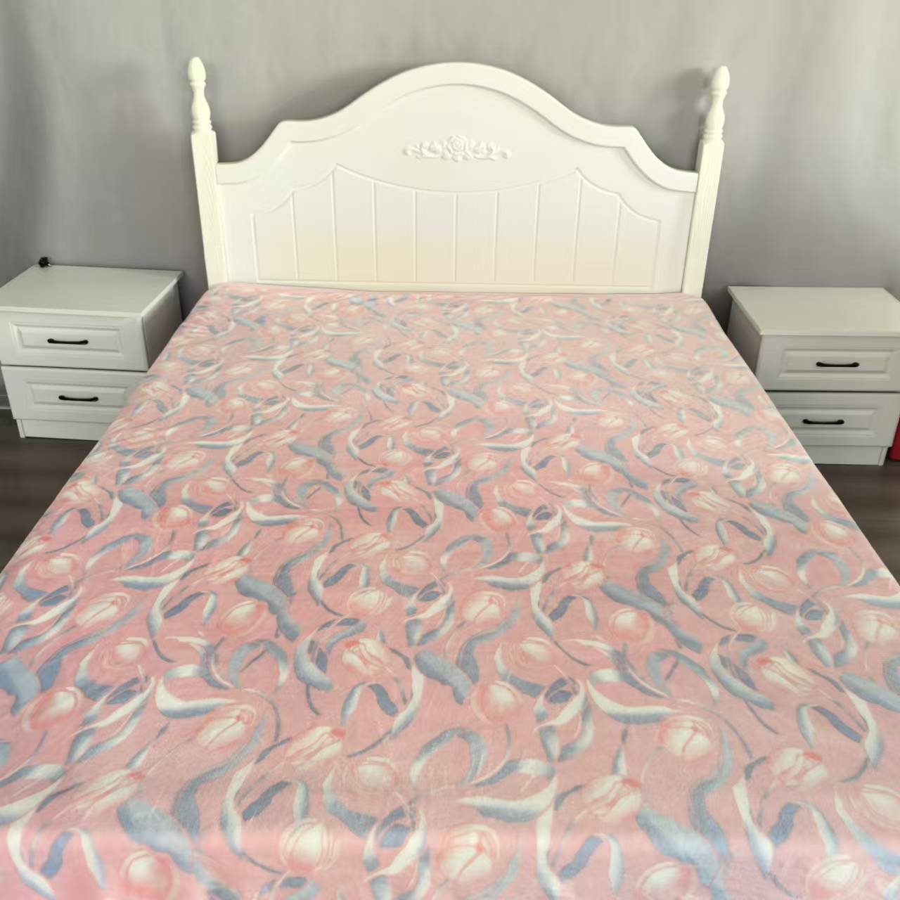 牛奶绒床单  200*230粉色百合包边保暖多功能高奢奶绒毛毯印花   