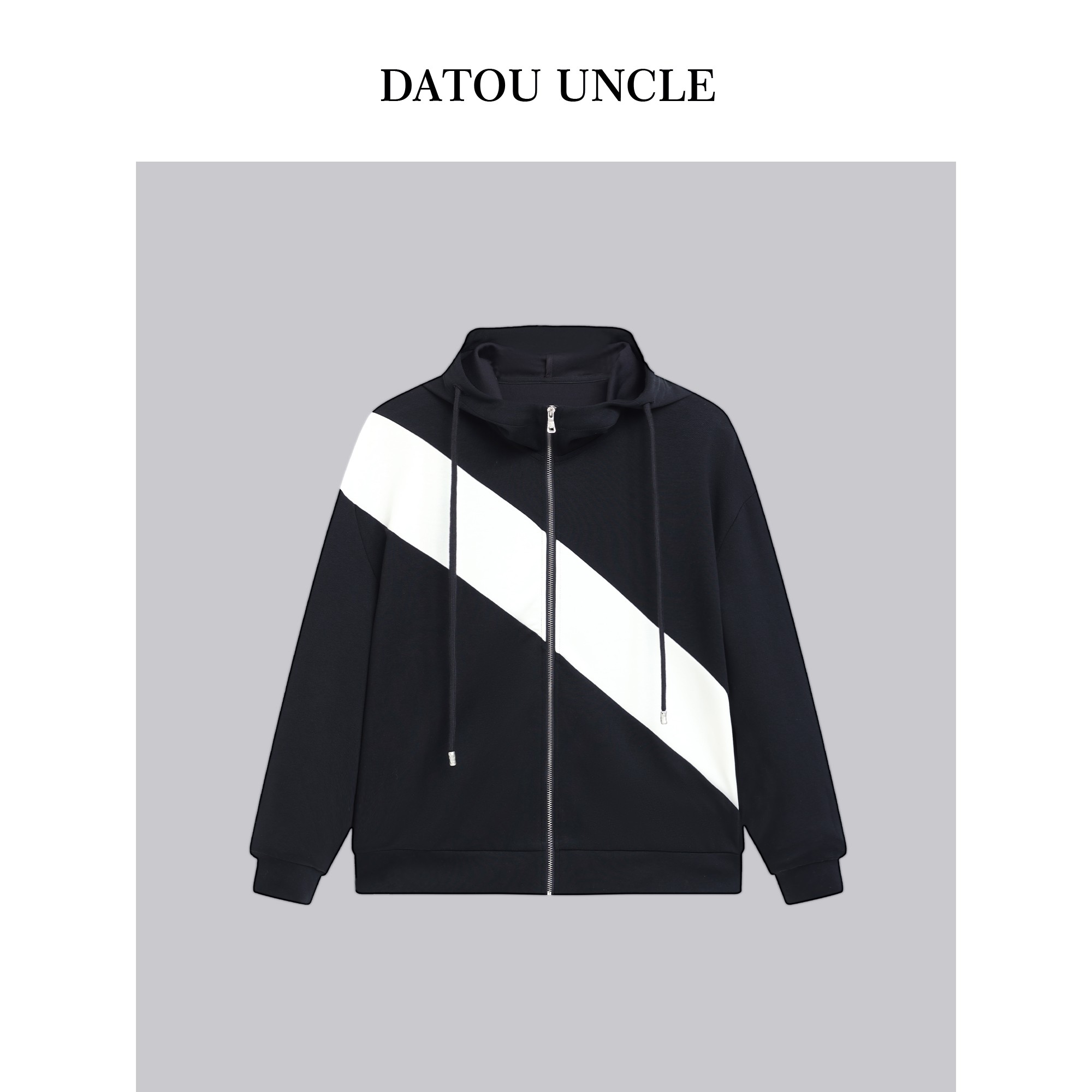 【大头叔叔】春季潮流几何拼接条纹印花长袖连帽卫衣男DD2312