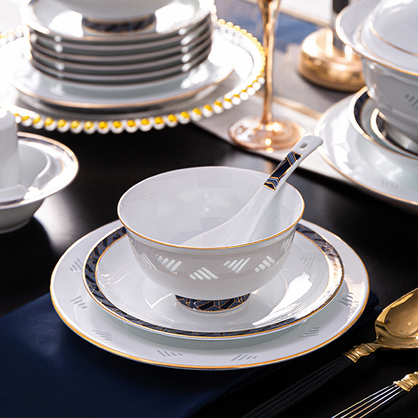 富玉【锦蓝】玲珑碗家用景德镇高档陶瓷餐具新中式描金碗盘碟居家