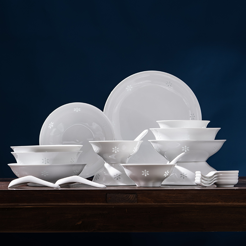富玉【花语】20头餐具景德镇陶瓷碗盘家用高温白瓷简约纯白碗套组
