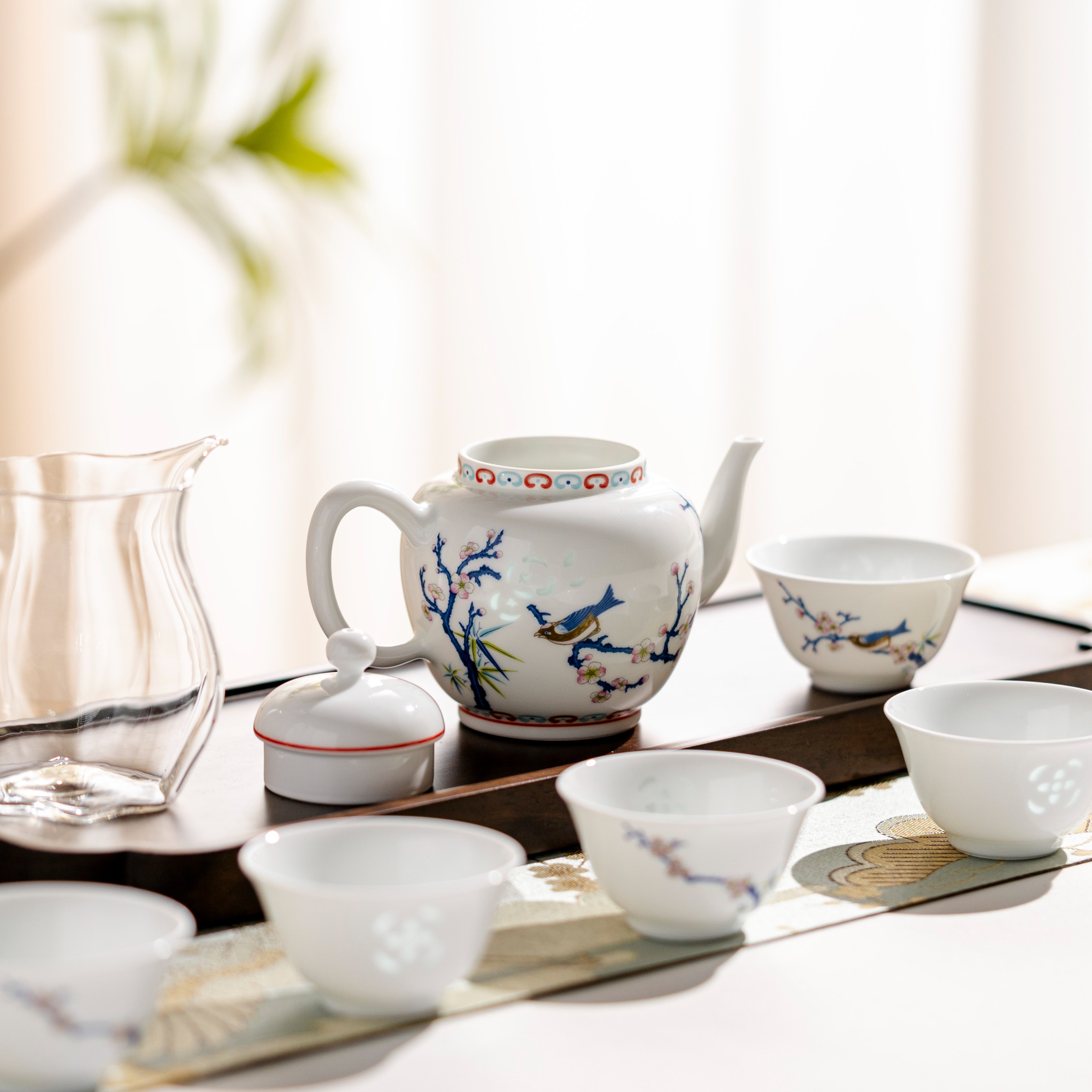 富玉【梅雀报喜】八头茶具釉上粉彩玲珑高端家用功夫茶具礼盒套装