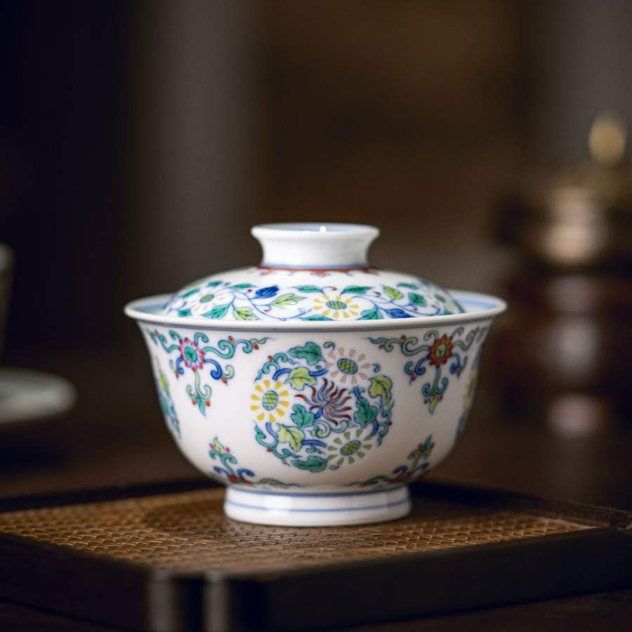 富玉窑【五彩玲珑团菊】盖碗  手工两才盖碗彩玲珑工艺高档茶具送礼