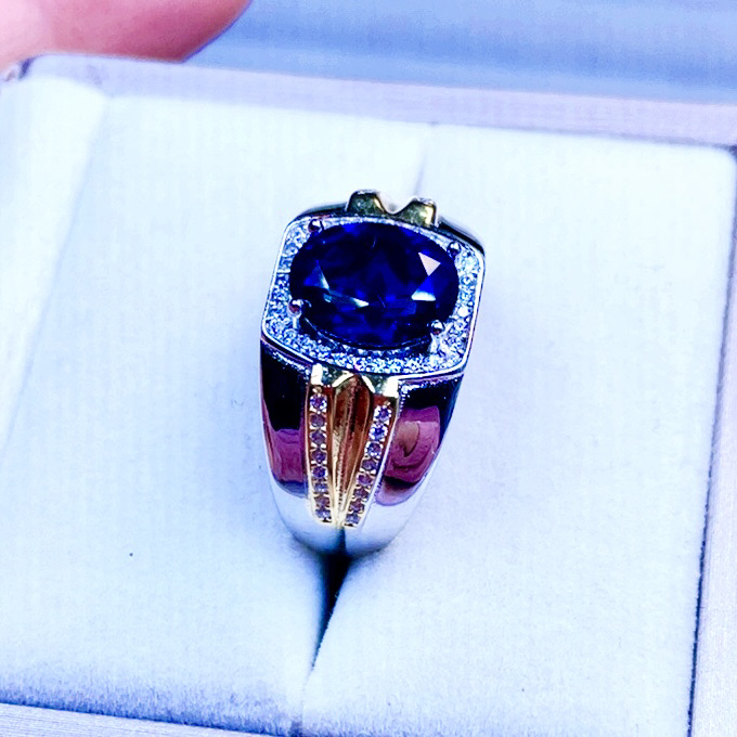 培育蓝宝石925银分色蓝宝石戒指男士