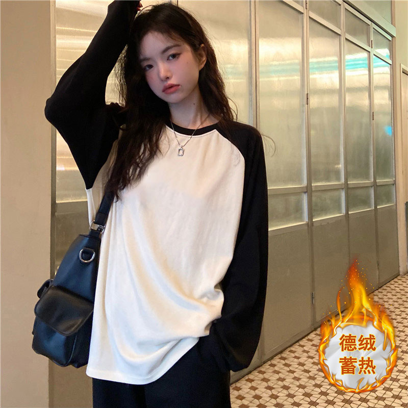 秋冬季蓄热插肩袖t恤女磨毛保暖圆领宽松长袖美式休闲打底衫上衣