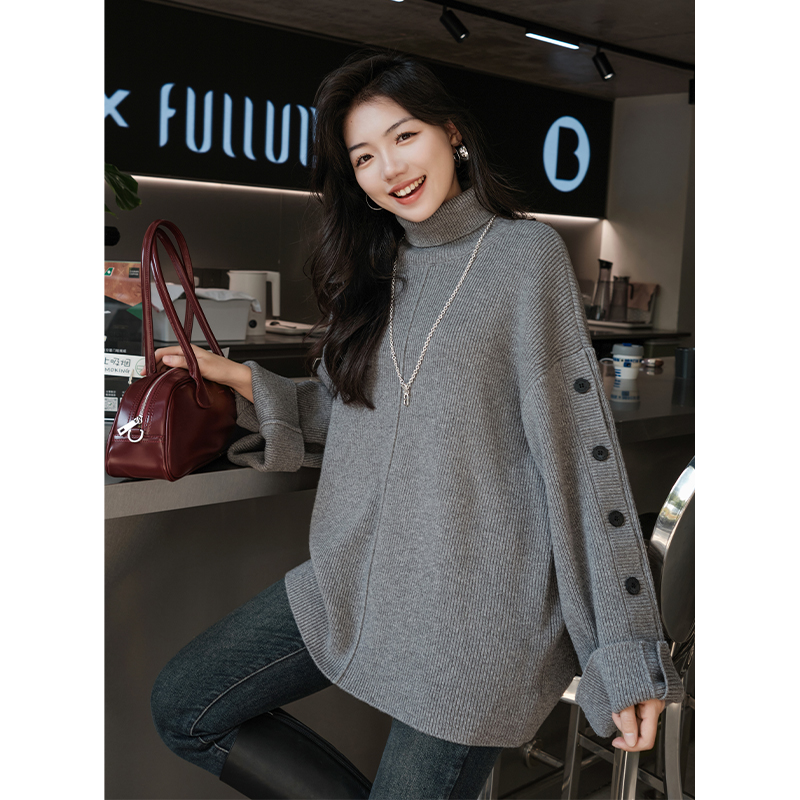 美洋MEIYANG【清仓】乐扣毛衣 双面加厚羊毛排扣高领宽松针织衫