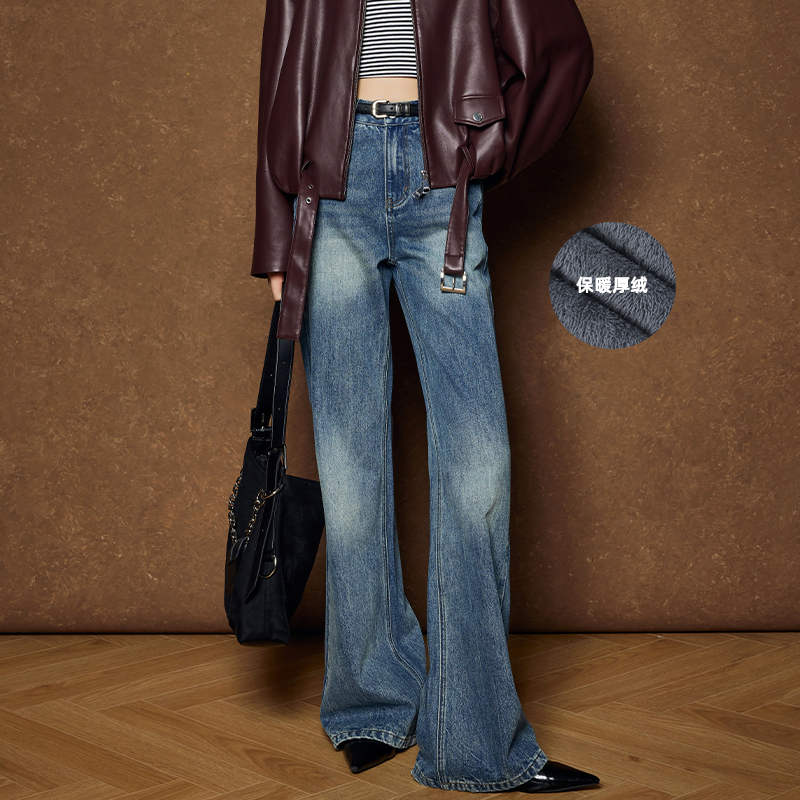 美洋MEIYANG【60系列】重影牛仔裤 喷白洗水_加绒保暖直筒阔腿裤