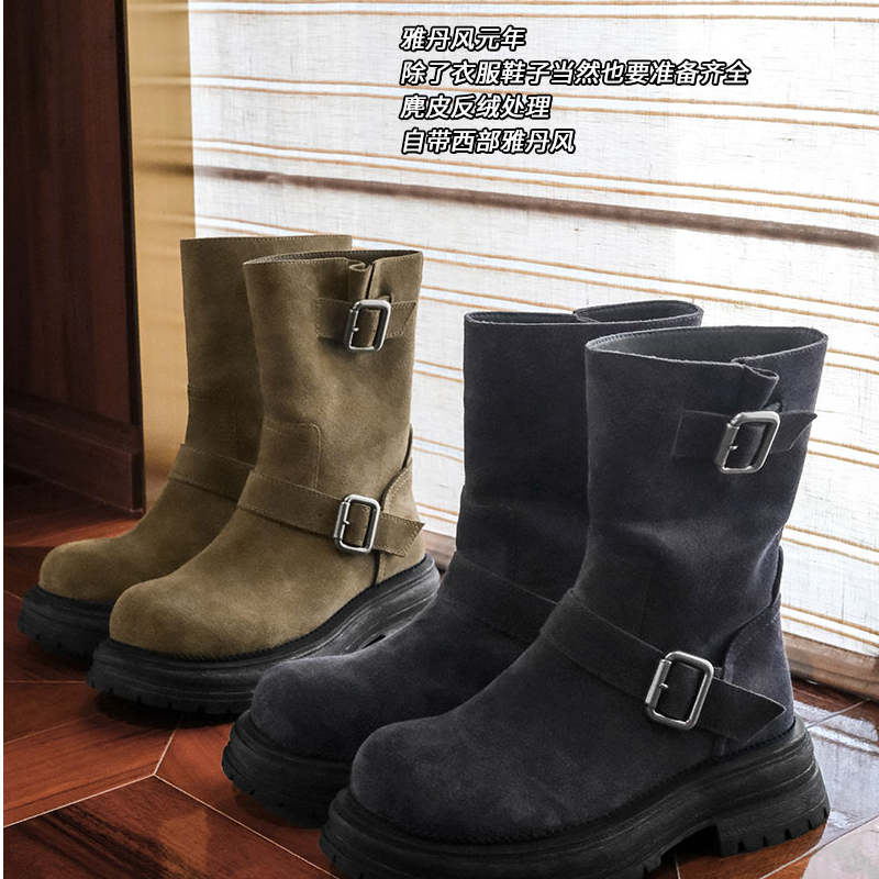 美洋MEIYANG 赏金猎人中筒靴 雅丹风~麂皮反绒可调节金属扣西部靴