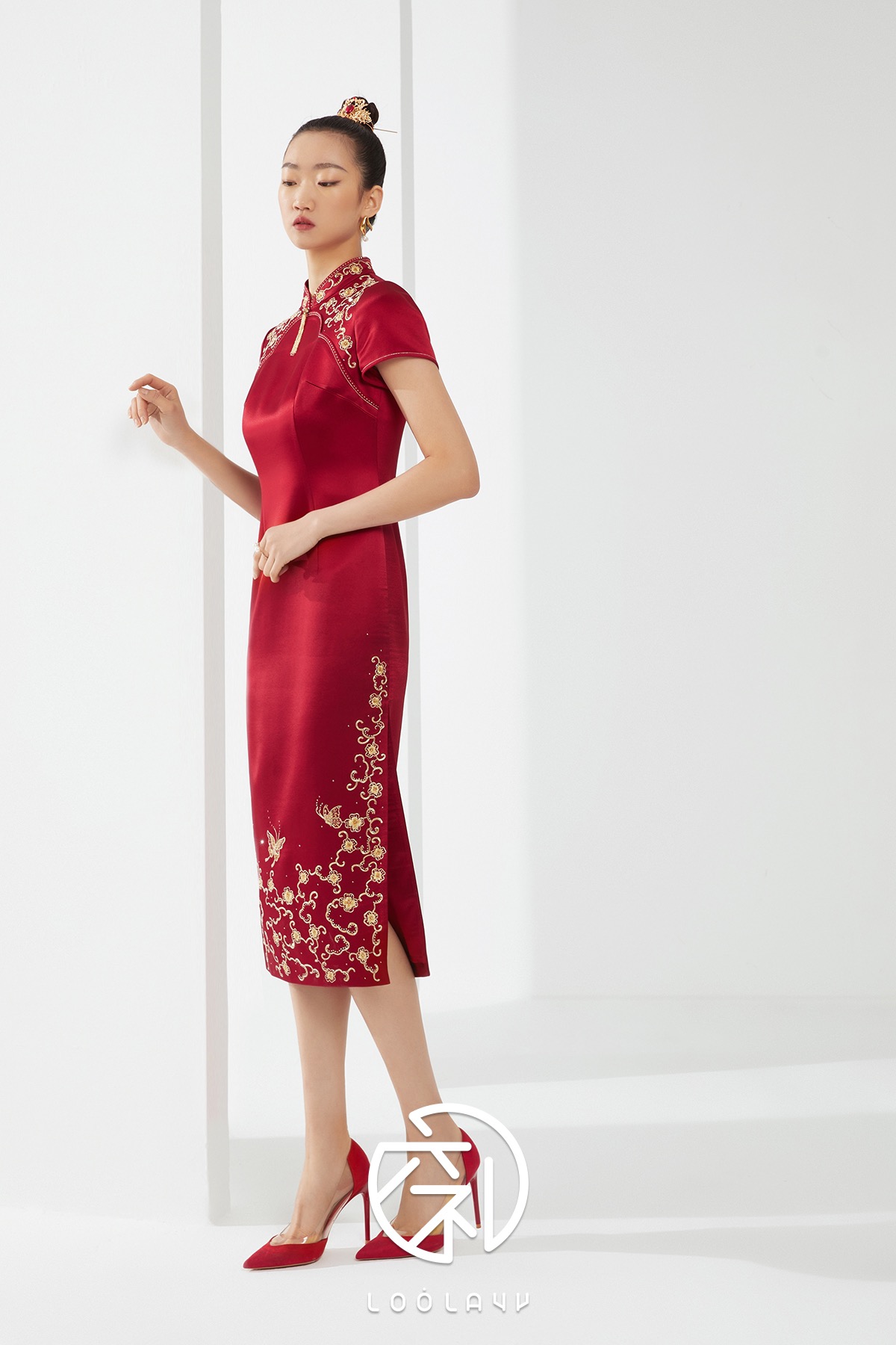 六礼17233酒红色三醋酸缎面高端礼服旗袍，喜妈妈，喜婆婆装