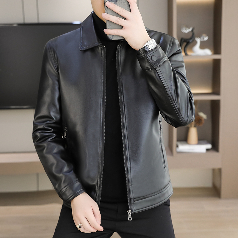 2024春秋季新款翻领皮衣男修身韩版帅气机车皮夹克男士外套
