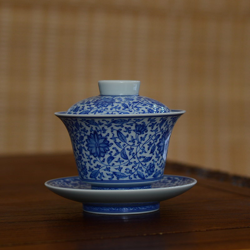 纯手工手绘点工缠枝莲三才盖碗220ml