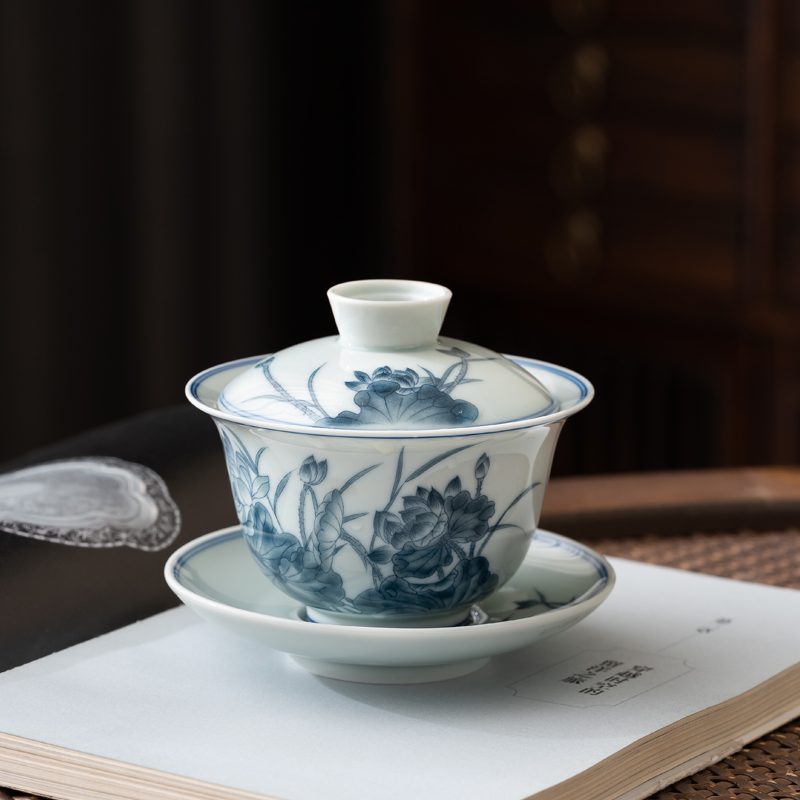 复古薄胎青花荷花盖碗釉中彩悬停旋转盖碗茶盖碗瓷功夫款贴花高档